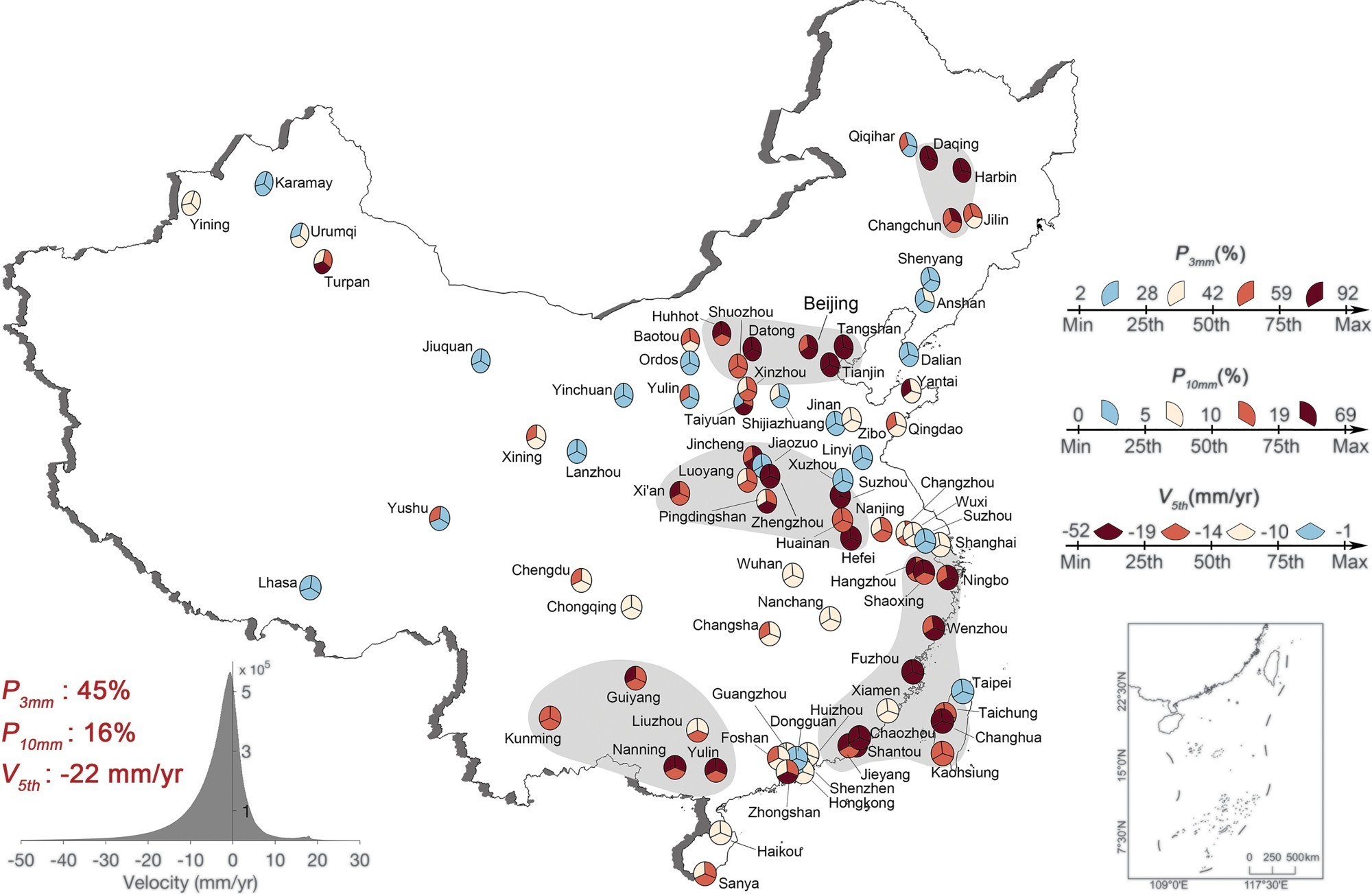 Le modèle d’affaissement urbain en Chine révèle que près de la moitié des grandes villes s’enfoncent à un rythme alarmant. En effet, 45% des zones analysées subissent un affaissement supérieur à 3 mm par an.