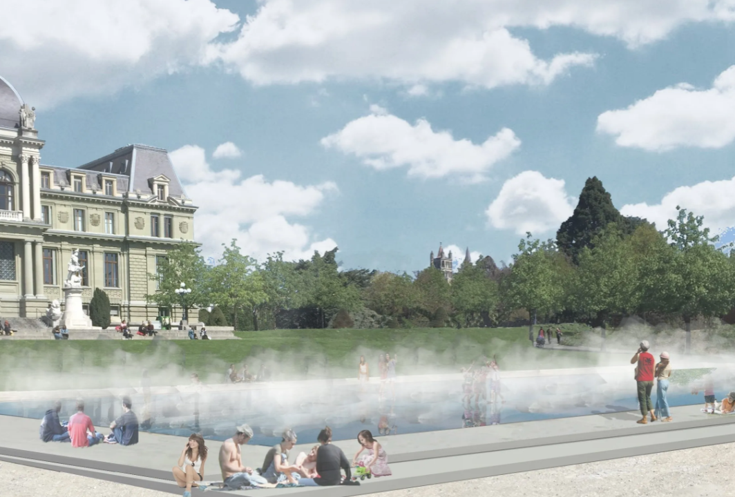 La nouvelle fontaine sur l'esplanade de Montbenon lausannoise invite les visiteurs à profiter du bon temps à l’ombre des nouveaux arbres tout en se rafraîchissant dans cet espace ludique.