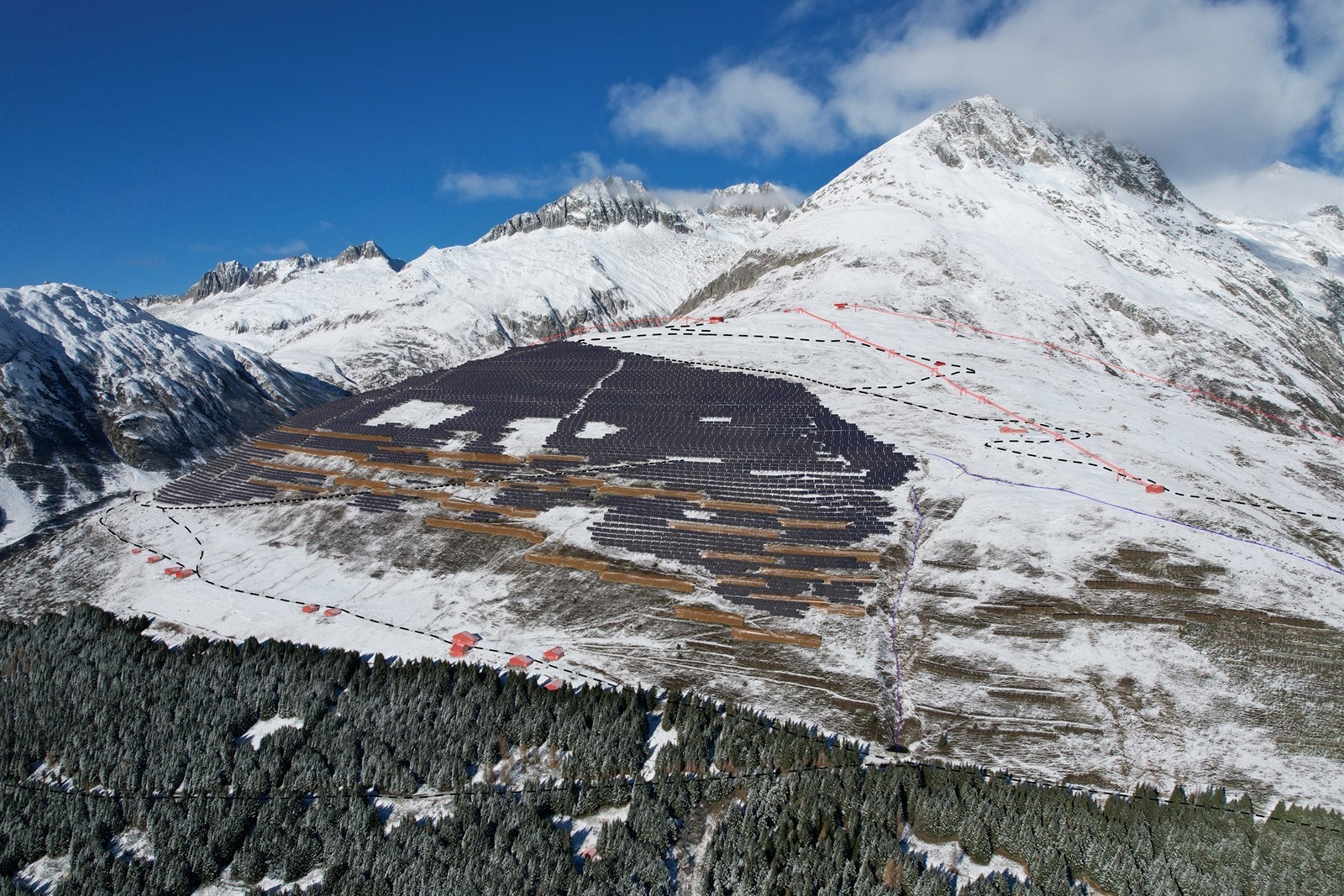 Visualisation du tracé de la grande installation solaire « SedrunSolar » à Tujetsch (GR).