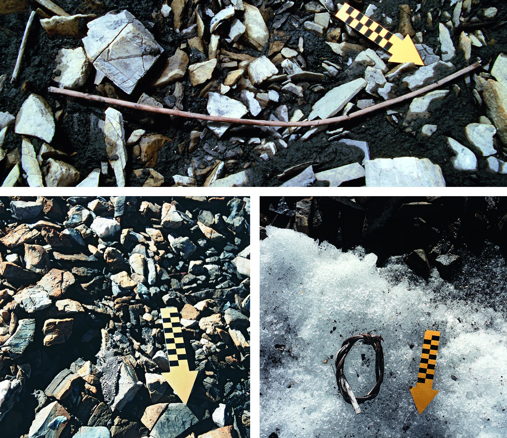 Les objets néolithiques ayant émergé d’un pierrier et de la glace au Schnidejoch (2004/2005): en haut, une flèche en bois, en bas à gauche un fragment de textile et en bas à droite un anneau en bois torsadé.