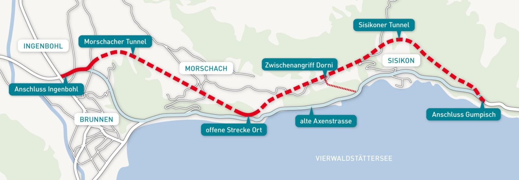 Aperçu de l’ensemble du projet « A4 Nouvelle route de l’Axen » avec le « tunnel de Sisikon » (à droite).