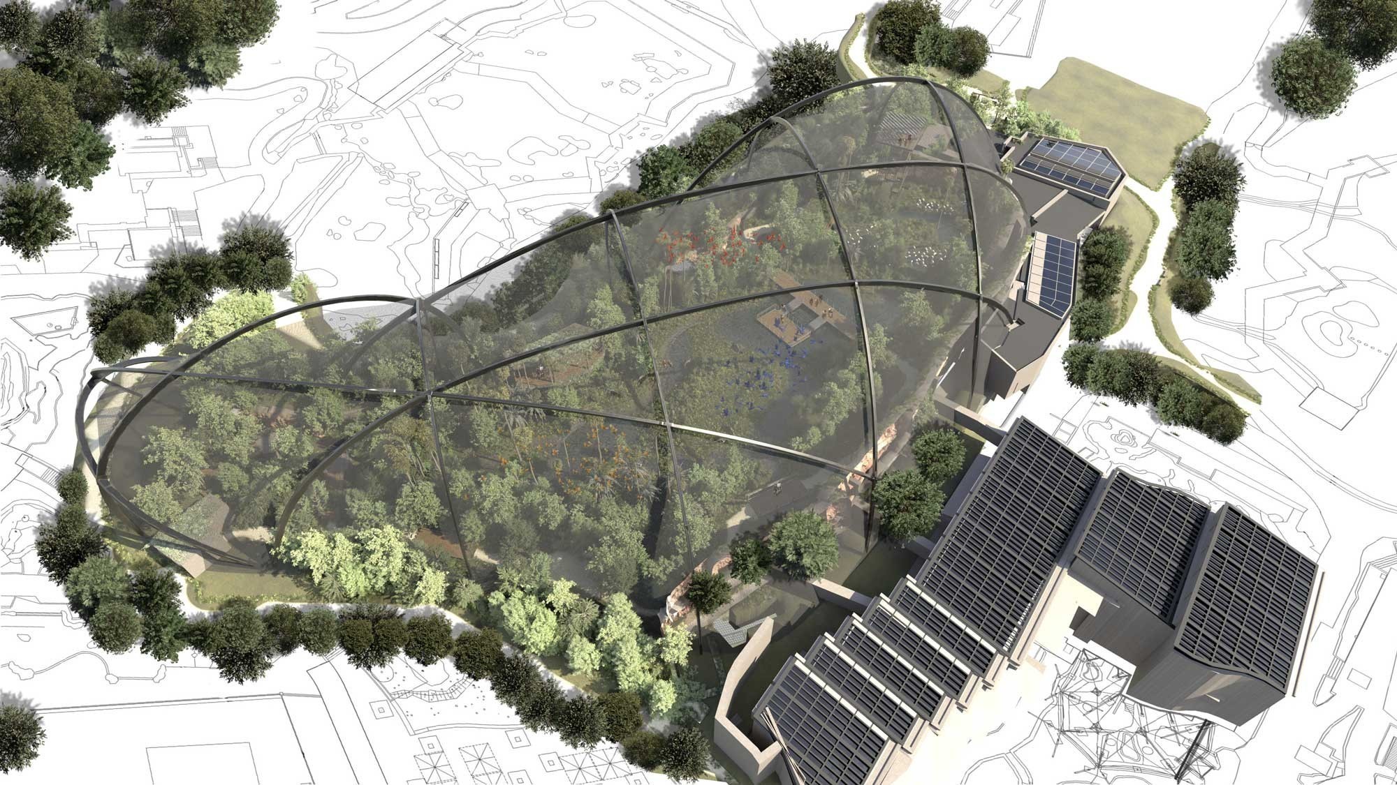 La charge totale des dix arcs en acier ainsi que du grillage de 13 500 m², d'un poids total d'environ 1400 t, reposera plus tard sur le bord de la volière.