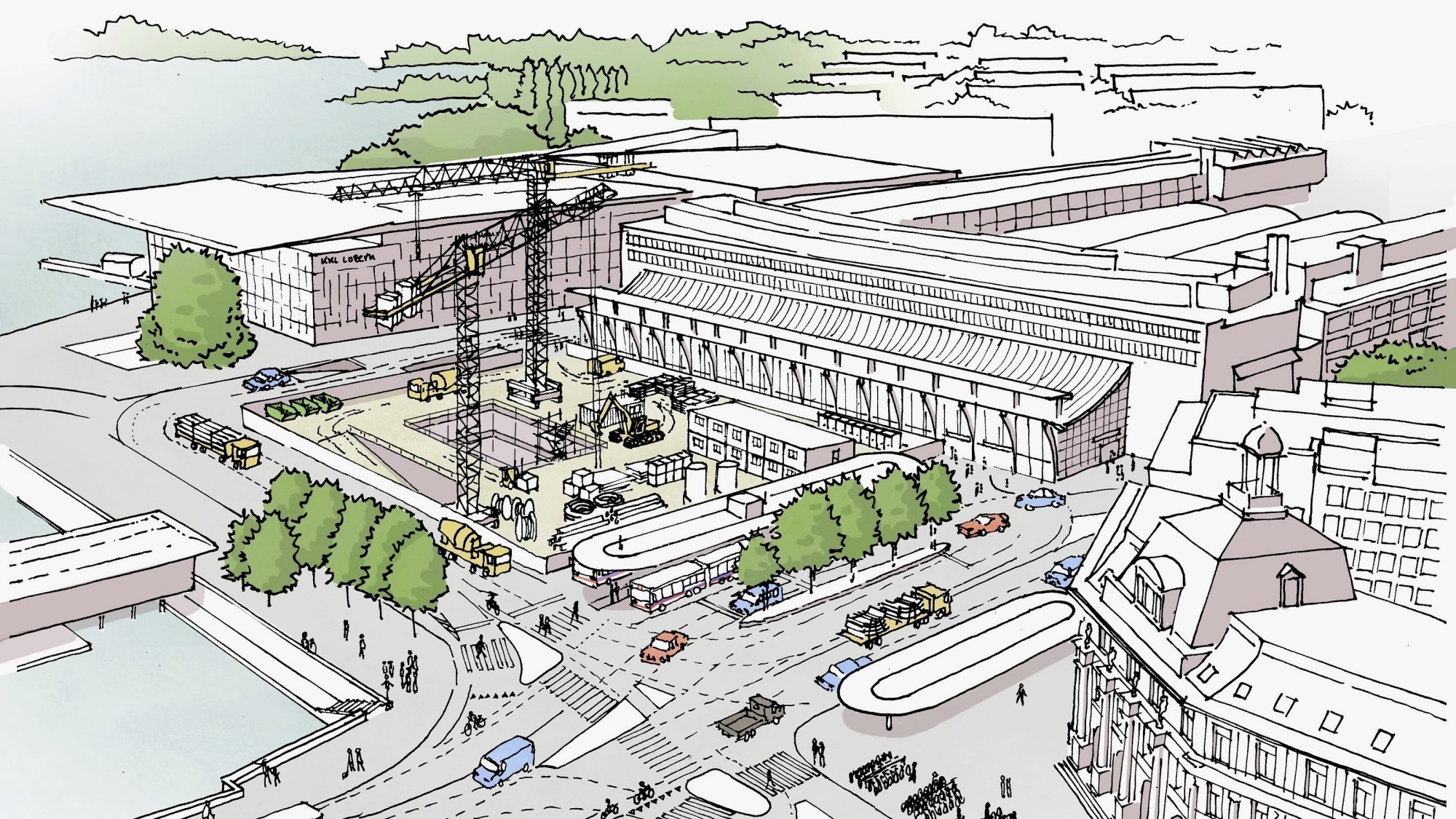 Visualisation de la place de la gare de Lucerne et de la zone d'installation pendant la durée des travaux.