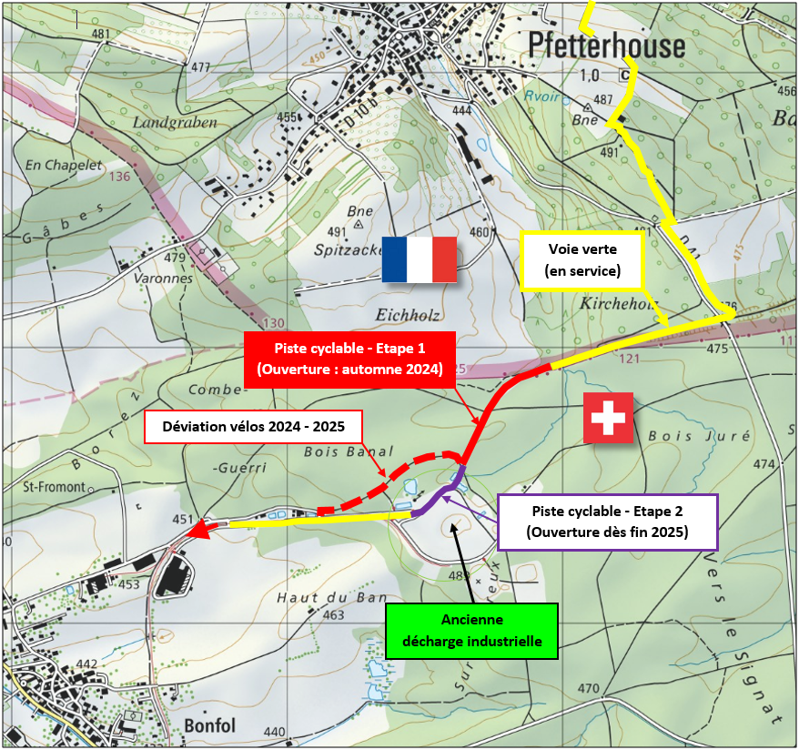 Carte générale de la liaison cyclable reliant Bonfol dans le Jura à la ville de Pfetterhouse, côté français.