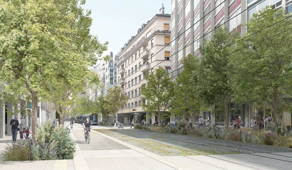 La rue de Carouge sera entièrement réaménagée, végétalisée et piétonnisée entre le rond-point de Plainpalais et la place des Augustins.