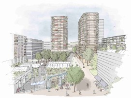 La construction de la future tour de 60 m en Ville de Zoug soutient l’initiative « 2000 logements à loyer modéré pour la classe moyenne zougoise » et vise à influencer l’aménagement public de la Theilerplatz.