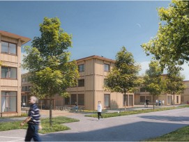 Rendu visuel des quatre bâtiments modulaires en bois qui seront bâtis le long de la rue Henri-Dunant à Bienne. Ils serviront de locaux provisoires à différentes écoles cantonales à compter de 2027.